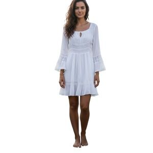 Karma Highway Womens White Boho L Dress Cottagecore Romantic Comfort Bell Sleeve